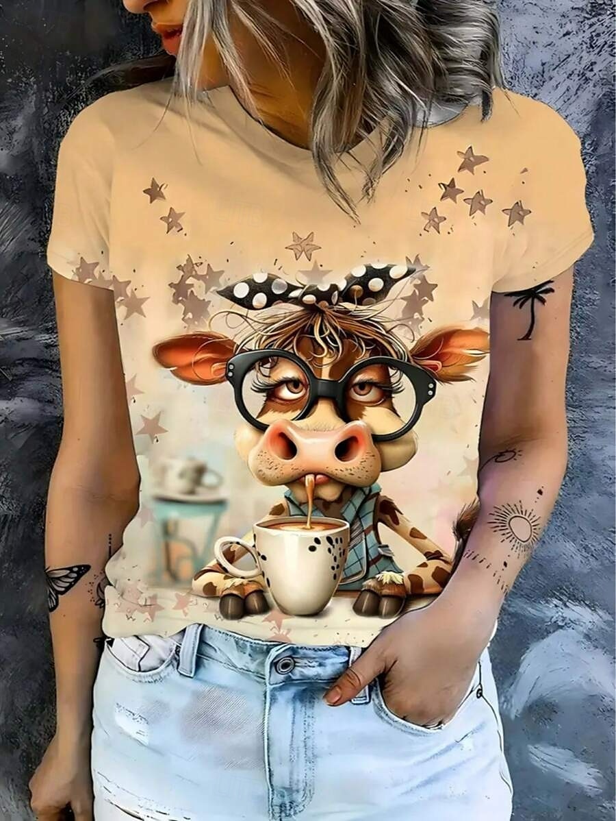 Femmes T-shirt Graphique Animal Vache ancien Élégant Classique Manche Courte Col ras du cou Col rond Hauts Réguliers Quotidien Week-end Imprimé Jaune Été Printemps de 2025 ? $19.99 –P1