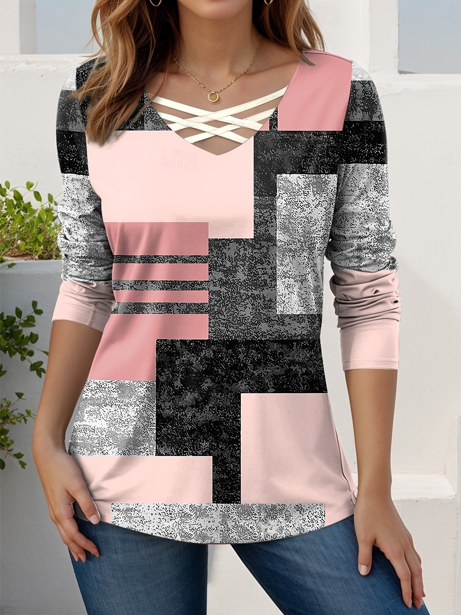 Γυναικεία Μπλουζάκι Με κοψίματα Στάμπα Γραφική Γεωμετρικό Βίντατζ Στυλάτο Μοντέρνα Μακρυμάνικο Λαιμόκοψη V Κανονικά μπλουζάκια Καθημερινά Λευκό Ανθισμένο Ροζ Dusty Rose Καφέ Χακί Άνοιξη Φθινόπωρο 2026 - $24.99 –P2