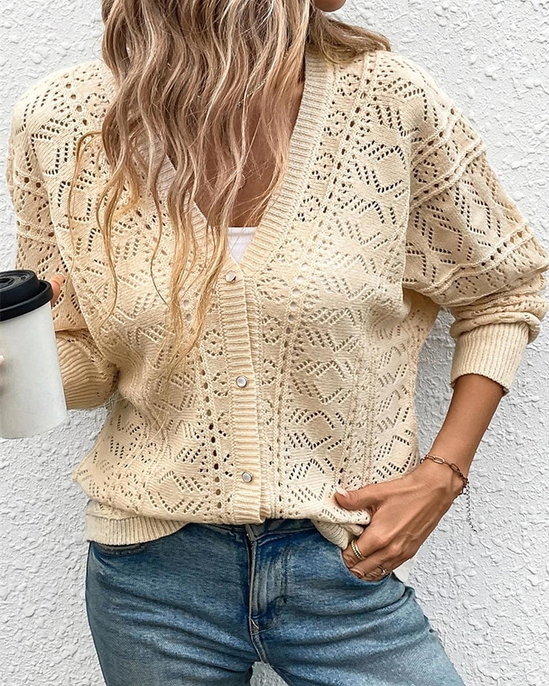 Damen Pullover Strickjacke Mode Streetwear Täglich Einfarbig Gerippt V Ausschnitt Gestrickt Loch Langarm Normale Oberteile Stricken Ferien Ausgehen Wochenende Aprikose Frühling Herbst 2025 - $26.99 –P5