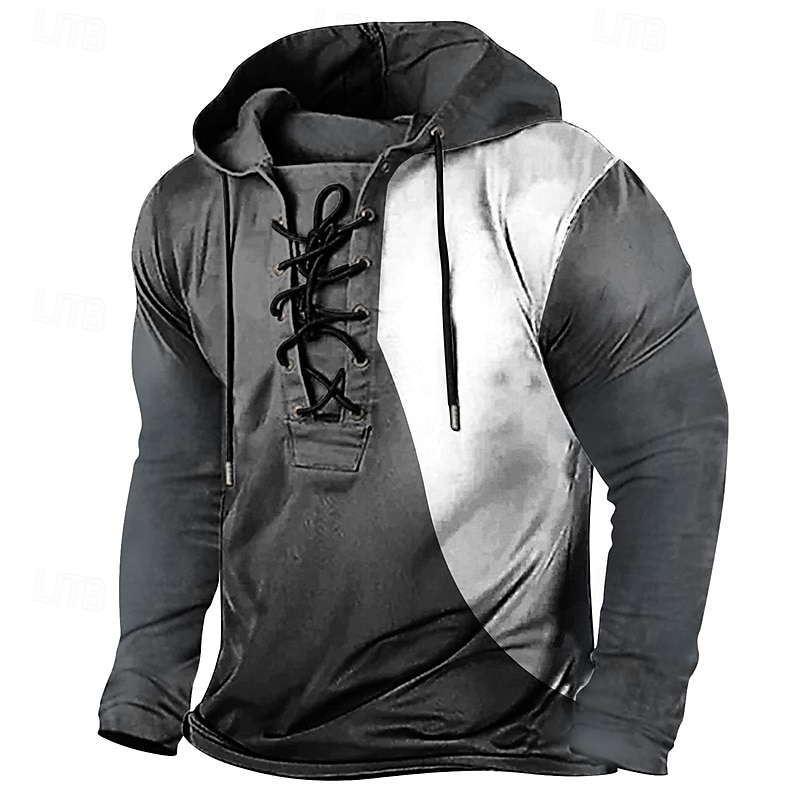 Men's T Shirt Tee Tee Top Long Sleeve Shirt Long Sleeve Hooded Spring Fall Color Block Vintage Designer Basic Lace up Vacation Street Going out Black Red Blue Top Tee for Men 2025 - $36.99 –P1