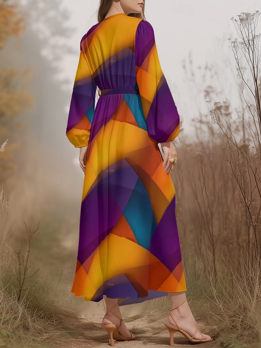 Women's Midi Dress Casual Dress Chiffon Swing Dress Modern Vacation Daily Weekend Regular Fit Geometric Long Sleeve V Neck Yellow Purple Green Summer Spring Fall Autumn 2025 - $31.99 –P6