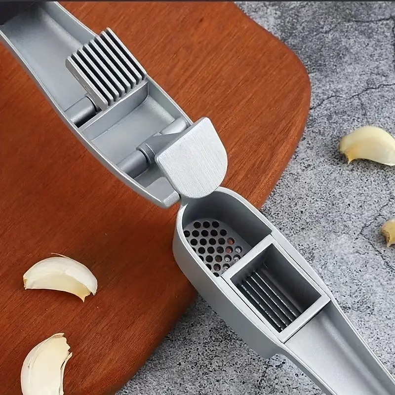 2-in-1 knoflooksnijder en -stamper, multifunctionele knoflookpers met reinigingsborstel, keukenhulp van aluminiumlegering voor eenvoudige knoflookbereiding 2025 - $18.99 –P5