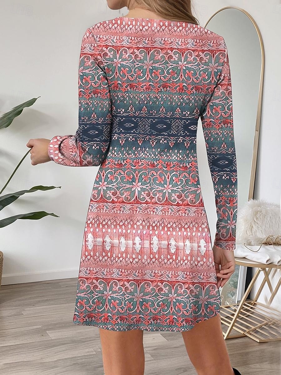 Női Mini ruha Pólóruha A vonalú ruha Alkalmi Napi Normál Grafika Mértani Hosszú ujj Terített nyak Arcpír rózsaszín Medence Bíbor Ősz Tél 2025 - $23.99 –P2
