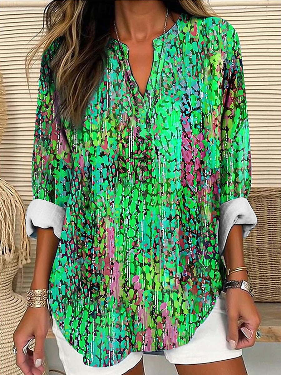 Women's Shirt Long Sleeve Tunic Tops Ombre Graphic Vintage Tropical Hawaiian V Neck Regular Tops Daily Holiday Beach Wear Print Blue Purple Orange Green Summer Spring 2025 - $24.99 –P3