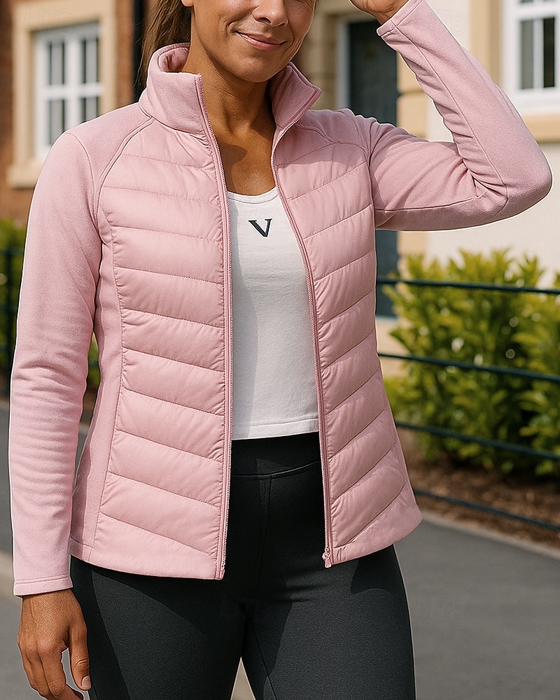 Women's Solid Colored Puffer Jacket outdoor coat Fall / Winter Full Zip Long Sleeve Athleisure Windproof Warm Lightweight Running Athletic Sports Track Black White Pink Sportswear Activewear 2026 - $61.99 –P1