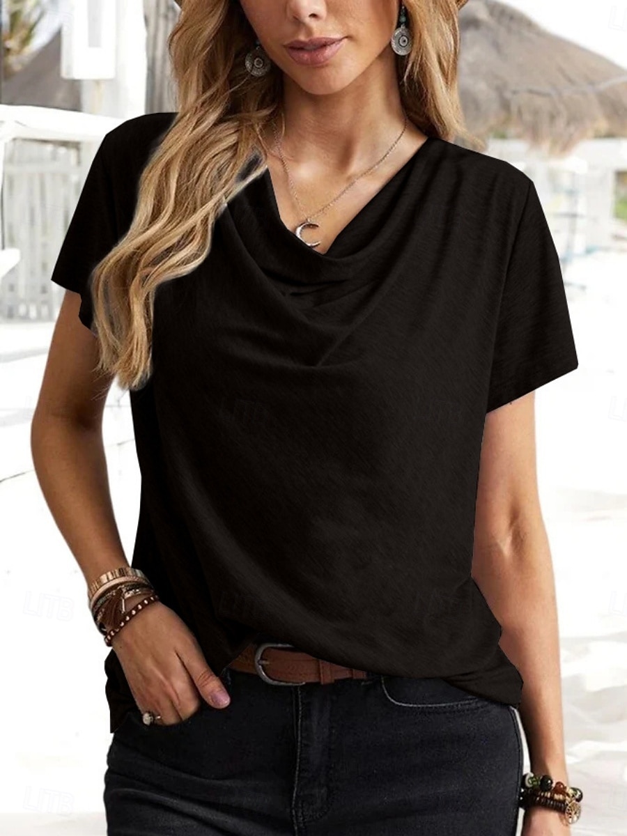 Dame T skjorte عادي Klassisk Moderne Fritid Kortermet Cowl-hals Vanlige topper Daglig Helg Svart Rosa Blå Grønn Grå Sommer Vår 2025 - $16.99 –P9