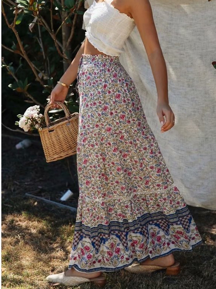 Mujer Falda Línea A Bohemia Casual Maxi Alta cintura Faldas Floral Estampado Microelástico Calle Diario Rojo Albaricoque Verano Poliéster Rayón 2025 - $28.99 –P7