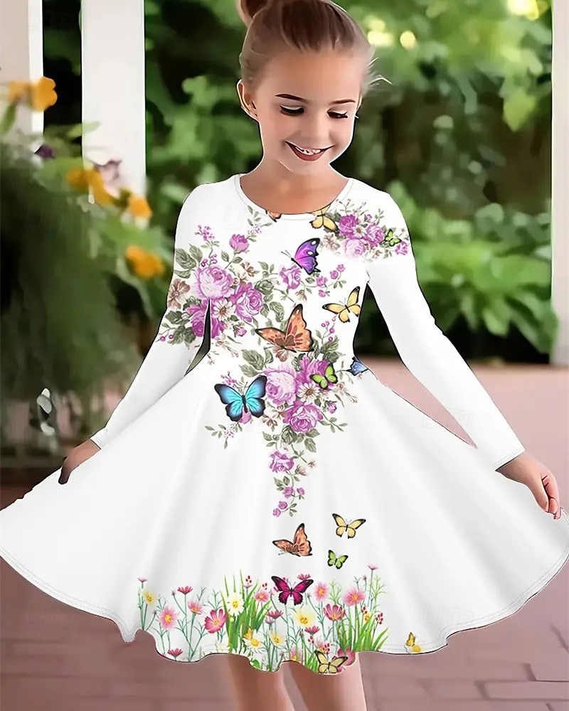 Girls' 3D Butterfly Flower Dress Long Sleeve Summer Spring Vacation Daily Holiday Princess Beautiful Sweet Kids 4-12 Years Casual Dress A Line Dress Knee-length Regular Fit 2025 - $16.99 –P1
