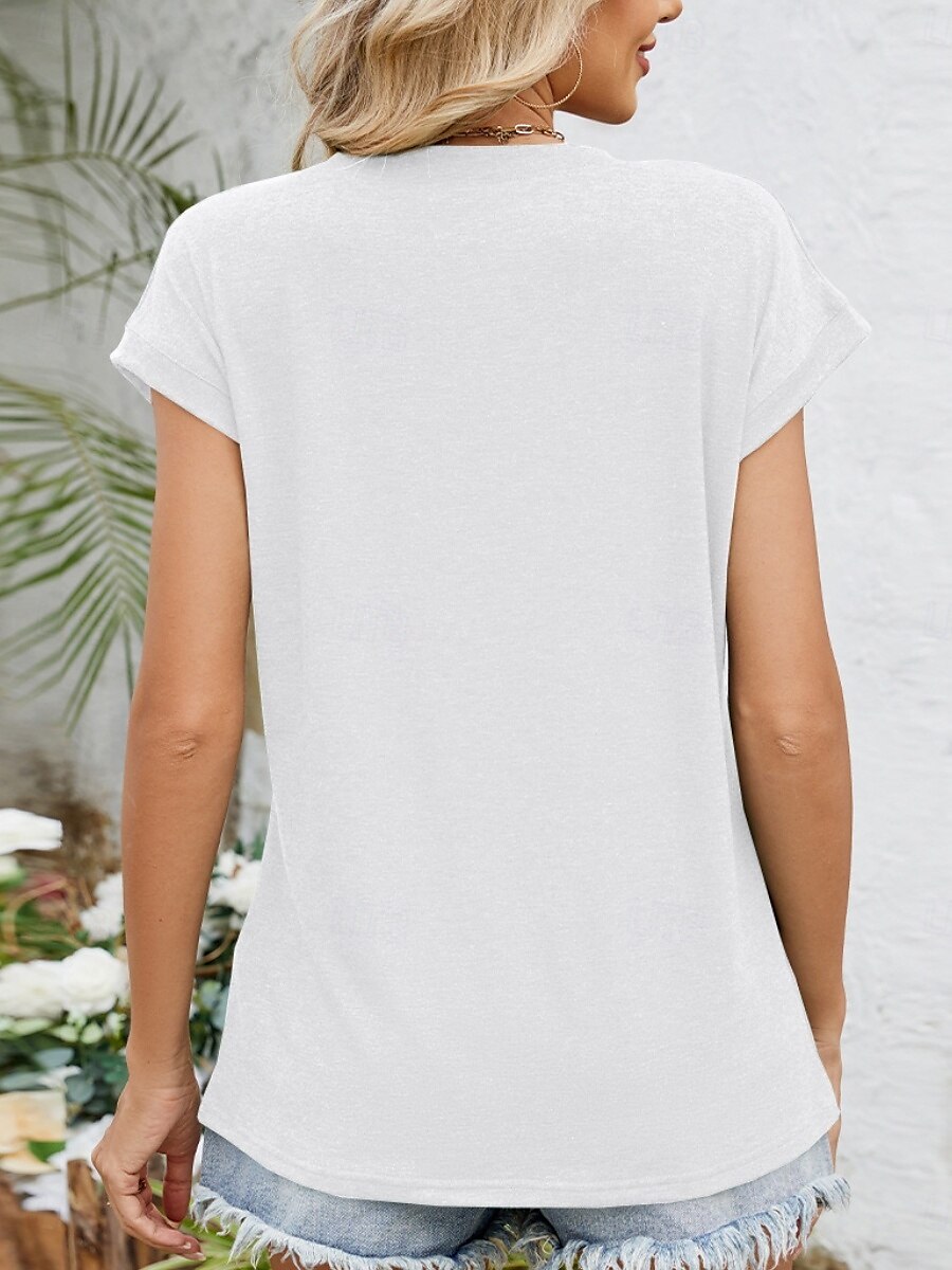 Femmes Hauts d'été Couleur Unie Élégant Occasionnel Manche Courte Col en V Hauts Réguliers Quotidien Froncé Vert cendré Noir Blanche Vin Été Printemps de 2025 ? $18.99 –P15