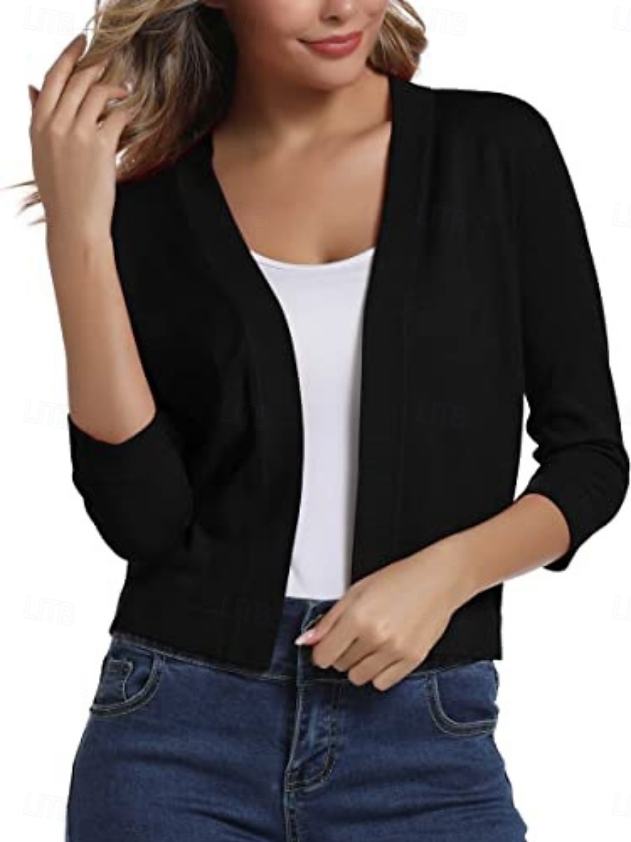 Femmes Cardigan Mode Basique Couleur Unie Ouvert devant Fin manche longue Hauts Réguliers Tricoter Extérieur Quotidien Noir Blanche Automne Hiver de 2025 ? $26.99 –P1