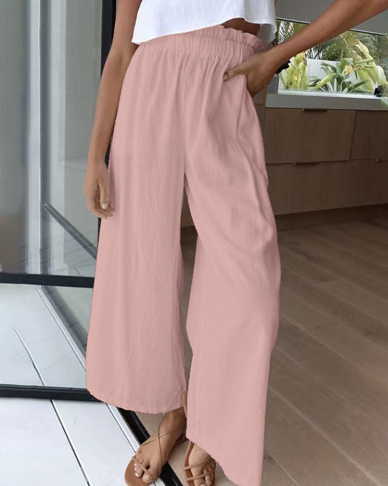 Mulheres Perna larga Calças Roupa de rua Casual Comprimento total Natural Tecido Cintura elástica Confortável Feriado Roupa Diária Final de semana clarete Ferrugem Azul marinho Branco Outono Normal de 2025 por $17.99 –P4