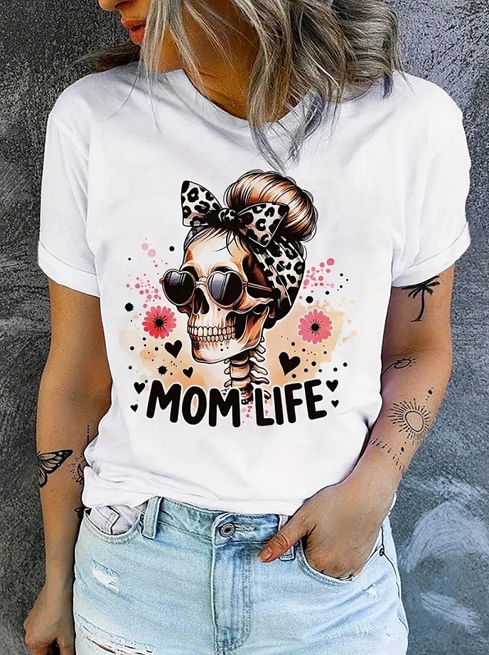 Halloween Femmes T-shirt Chemise en coton Drapeau Crâne ancien Élégant Classique Manche Courte Col ras du cou Col rond Hauts Réguliers Quotidien Imprimé Noir Blanche Été Printemps de 2025 ? $19.99 –P1