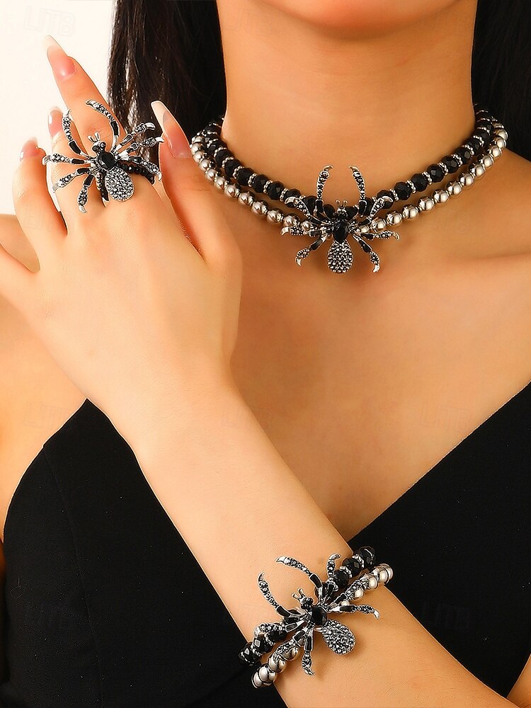 2025年 女性用ハロウィンスパイダージュエリーセット - ゴシックビーズチョーカー、調節可能なブレスレットとステートメントリング、コスチュームパーティー、コスプレ、不気味な夜のお出かけに最適な合金ラインストーンデザイン  コレクション – $14.99 –P2