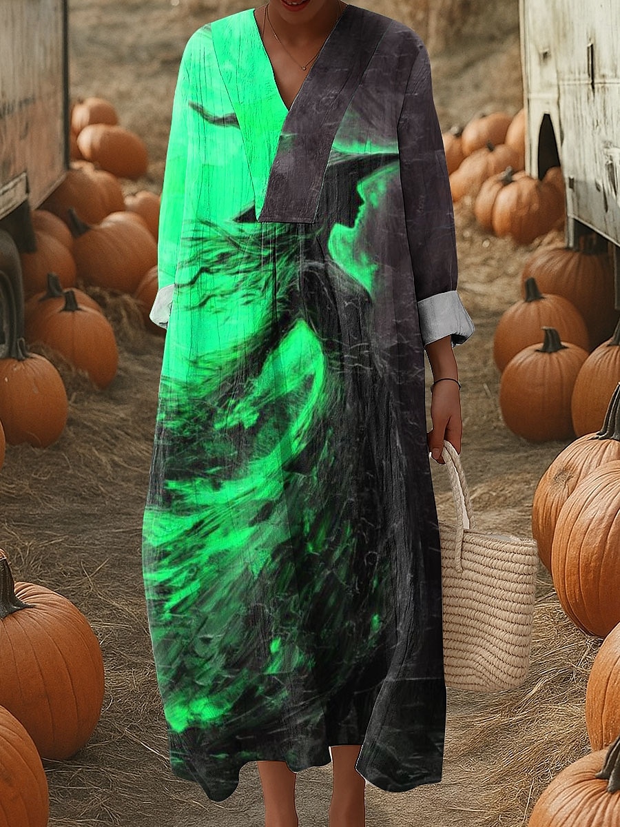 Halloween Kvinnors Midi Klänning V-Utringad Lång Ärm Kaftan Lätt Lös Passform A-Linje Klänning Avslappnad Boho Gå Ut Grafisk Lång Ärm V-Utringad Blå Orange Grön Höst 2025 - $33.99 –P3