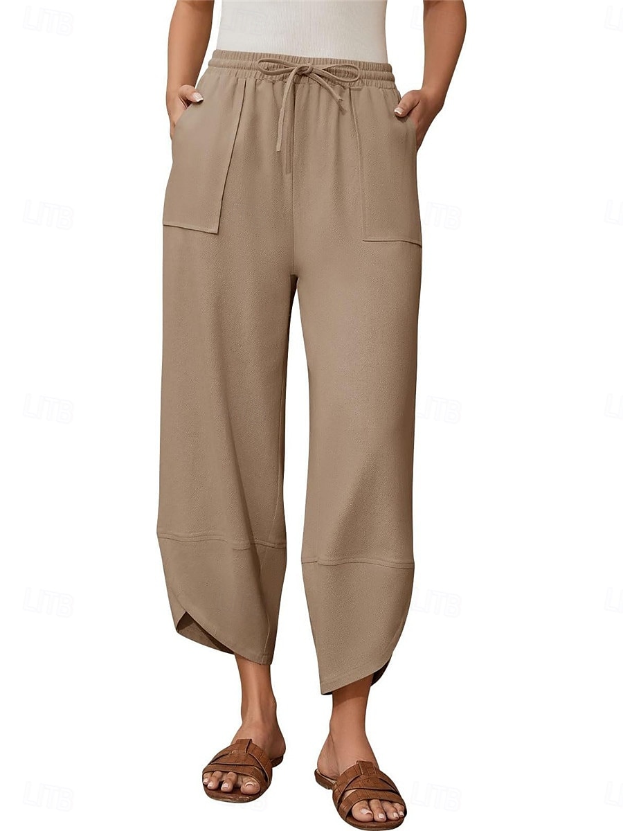 Mulheres Calças de linho de algodão chinês Moda Básico Comprimento total Cintura Alta Tecido Bolsos Com Cordão Conforto Exterior Micro-Elástica Férias Rua Diário Verde Militar Preto Azul cáqui Verão de 2025 por $23.99 –P1