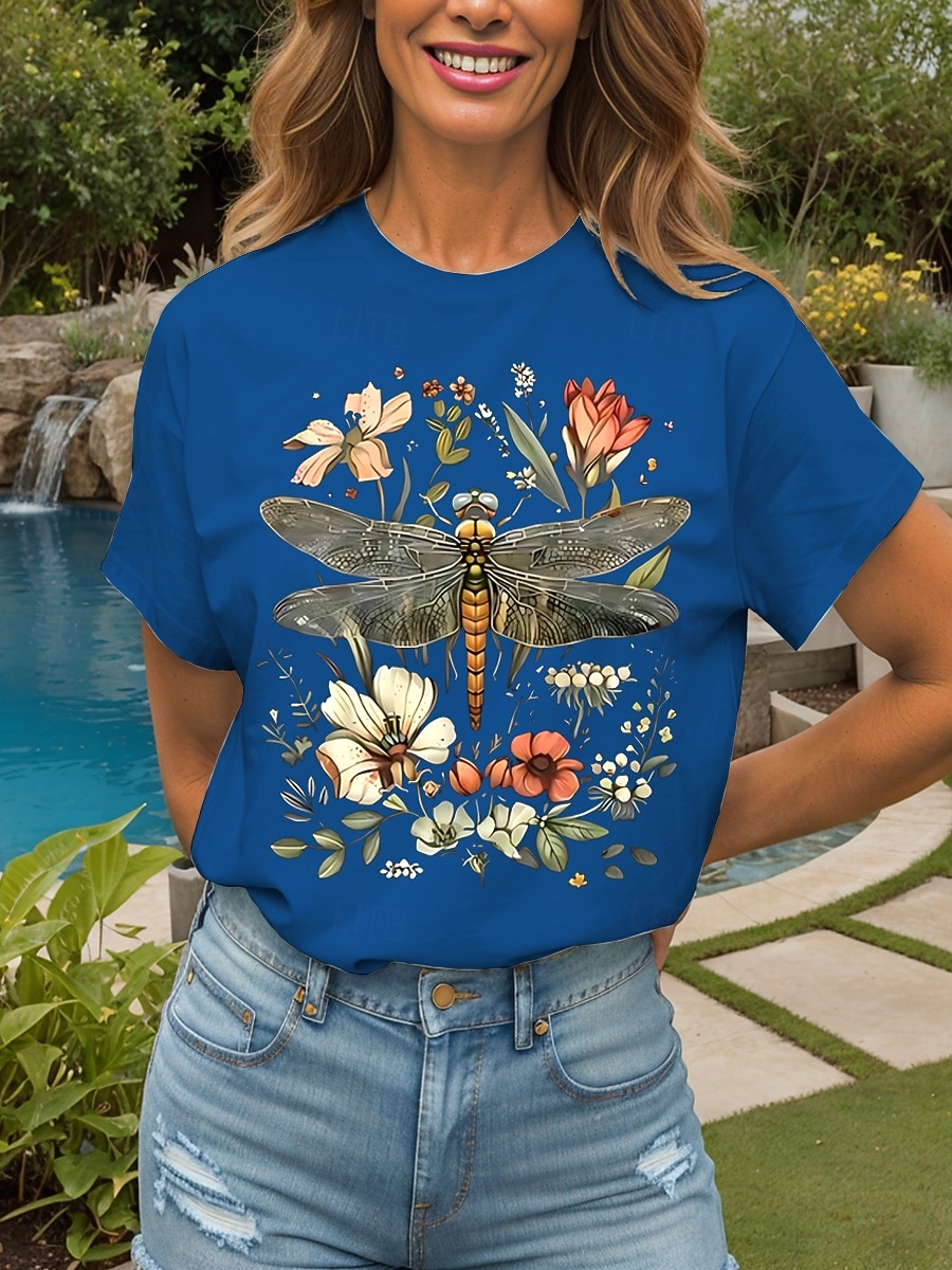 Femmes T-shirt Fleuri Graphique Libellule ancien Élégant Classique Manche Courte Col ras du cou Col rond Hauts Réguliers Quotidien Week-end Imprimé Noir Blanche Jaune Rose Claire Rouge Été Printemps de 2025 ? $19.99 –P11