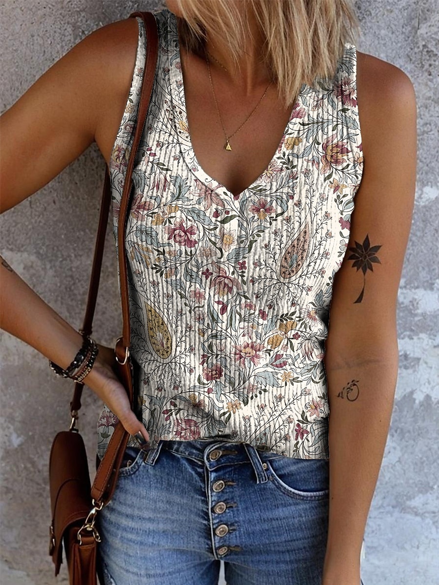Femmes Débardeur caraco Fleuri Graphique Géométrique Bohème ancien Élégant Sans manches Col en V Hauts Réguliers Quotidien Imprimé Noir Rose Claire Bleu Marron Beige Été Printemps de 2025 ? $17.99 –P5