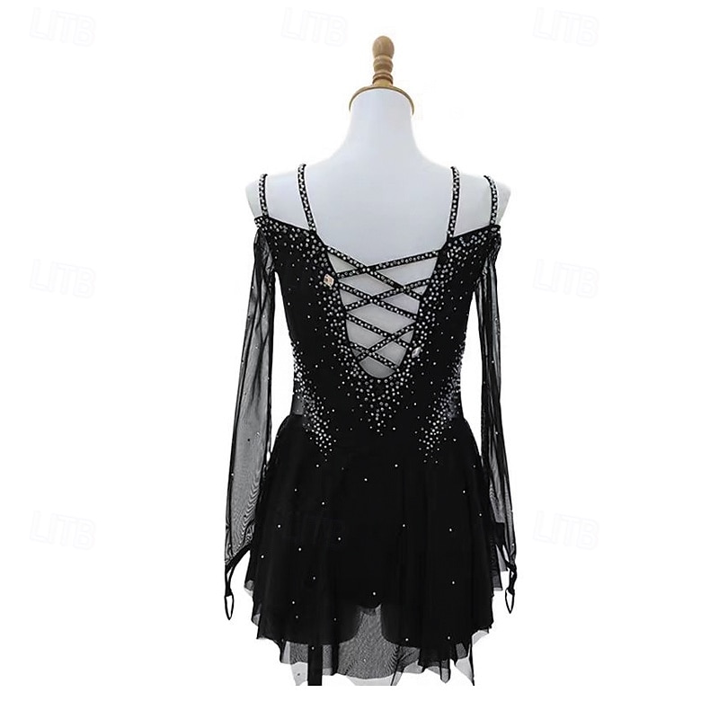 Vestido de patinaje artístico Mujer Chica Patinaje Sobre Hielo Vestidos Negro Retazos Espalda Abierta Malla Licra Elástico Entrenamiento Profesional Competición Ropa de Patinaje Mantiene abrigado 2026 - $259.79 –P3