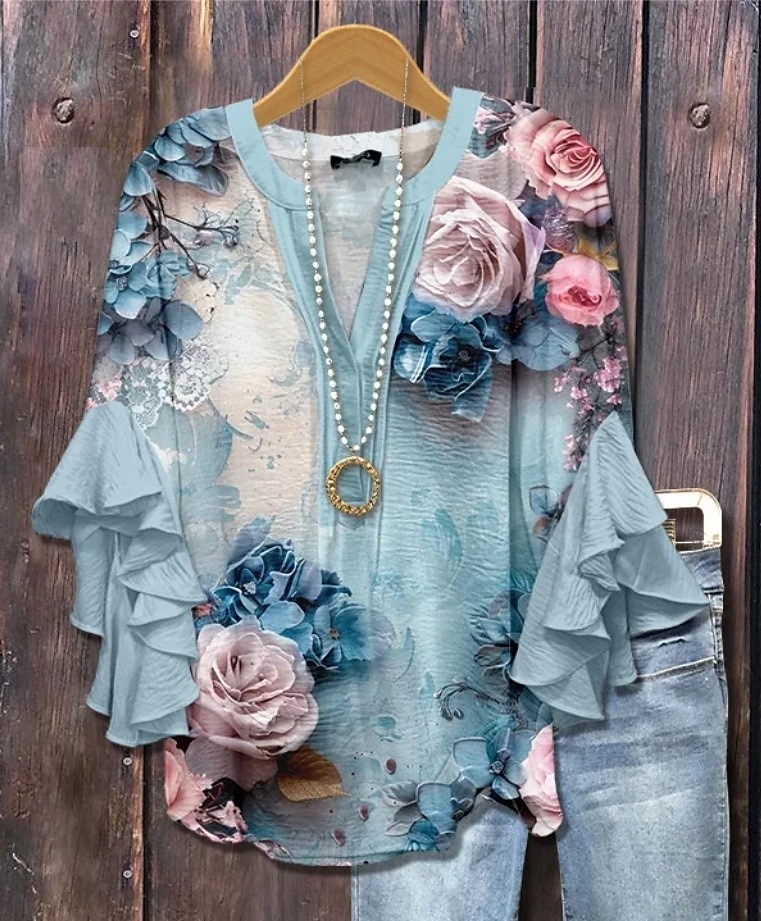 Easter Women's Blouse Floral Graphic Elegant Bohemia Ethnic 3/4 Length Sleeve V Neck Regular Tops Daily Holiday Vacation Wear Ruffle Print White Light Green Blue Purple Green Summer Spring Fall 2025 - $29.99 –P1