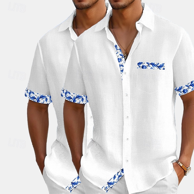 Hombre Camisa Camisa de lino Camisa de verano Camisa de playa Abotonar la camisa Flores Vacaciones Festivos Blanco + Rosa Blanco+Azul Marino Rosa + Azul Marino Azul+Azul Marino Manga Corta Cuello 2025 - $27.99 –P9