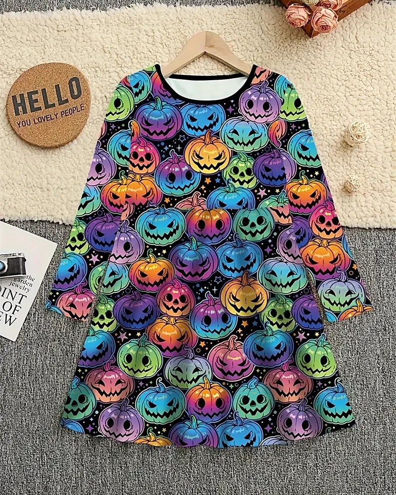 Halloween Dziewczyny ' 3D Halloweenowa dynia Sukienka Długi rękaw Lato Wiosna Urlop Codzienny Święto Księżniczka Piękny Słodkie Dzieci 4-12 lat Codzienne sukienki Sukienka A line Do kolan Regularny 2025 - $16.99 –P2