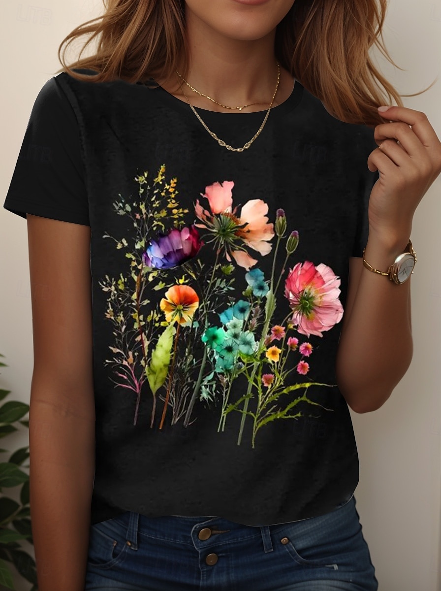 Dame T skjorte Blomstret Grafisk Planter Årgang Stilfull Klassisk Kortermet Crew-hals Vanlige topper Daglig Ut på byen Helg Trykt mønster Svart Hvit Rosa Blå Himmelblå Sommer Vår Høst 2025 - $19.99 –P1