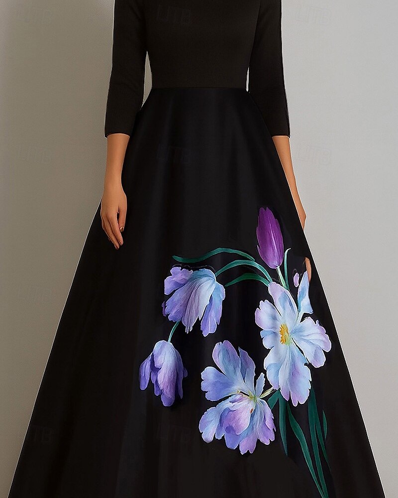 Abito da ballo Linea ad A Abito da Sera Elegante Vestito Formale Matrimonio Lunghezza al pavimento Manica 3/4 Scollo a Barca Raso con Stampa floreale 2025 del 2025 a $155.99 –P2