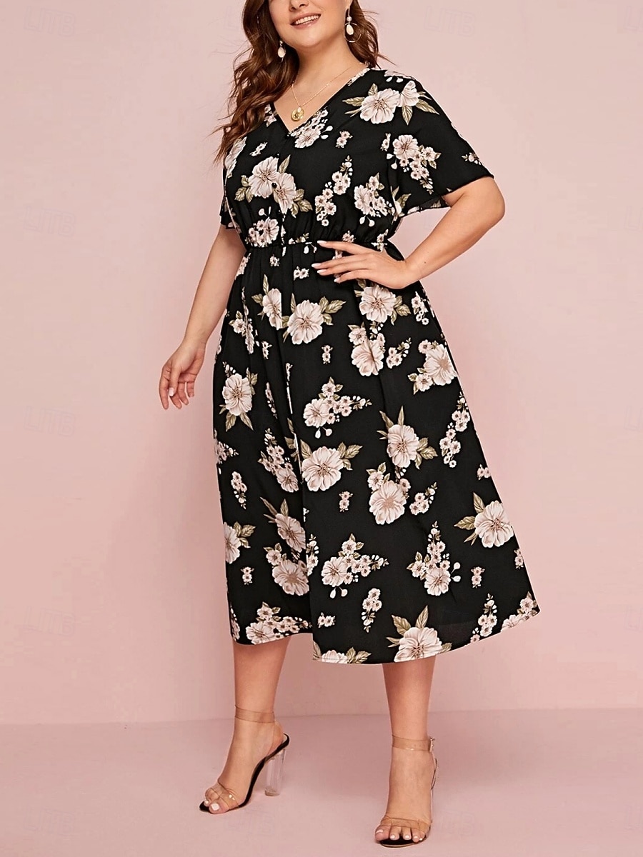 Pentru femei Mărime Plus Rochie casual Floral În V Manșon scurt Vară Primăvară Elegant Modă Modern Casual Rochii Midi Zilnic Concediu Rochie 2025 - $23.99 –P2