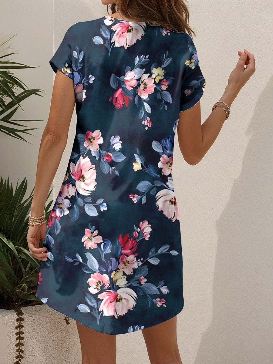 Dam Mini klänning Vardagsklänning T shirtklänning Solklänning A linjeklänning Semester Ledigt Boho Strand Normal Blommig Grafisk Kortärmad V-hals Rubinrött Blå Purpur Brun Sommar Vår 2025 - $23.99 –P2