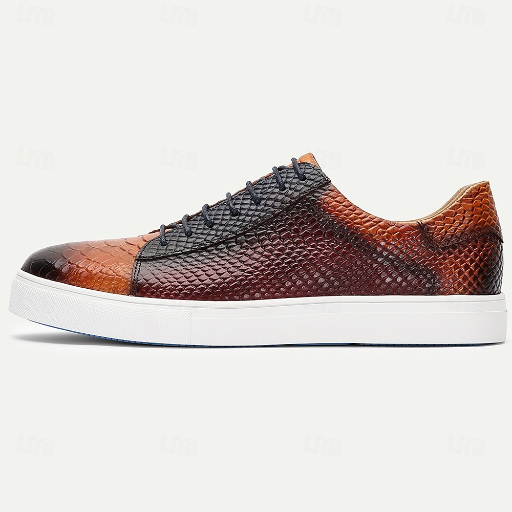 Herrsneakers i äkta läder med krokodilmönster – tonade orange snörskor för eleganta herrar, smart casual-looker och helgsammankomster 2025 - $84.99 –P3
