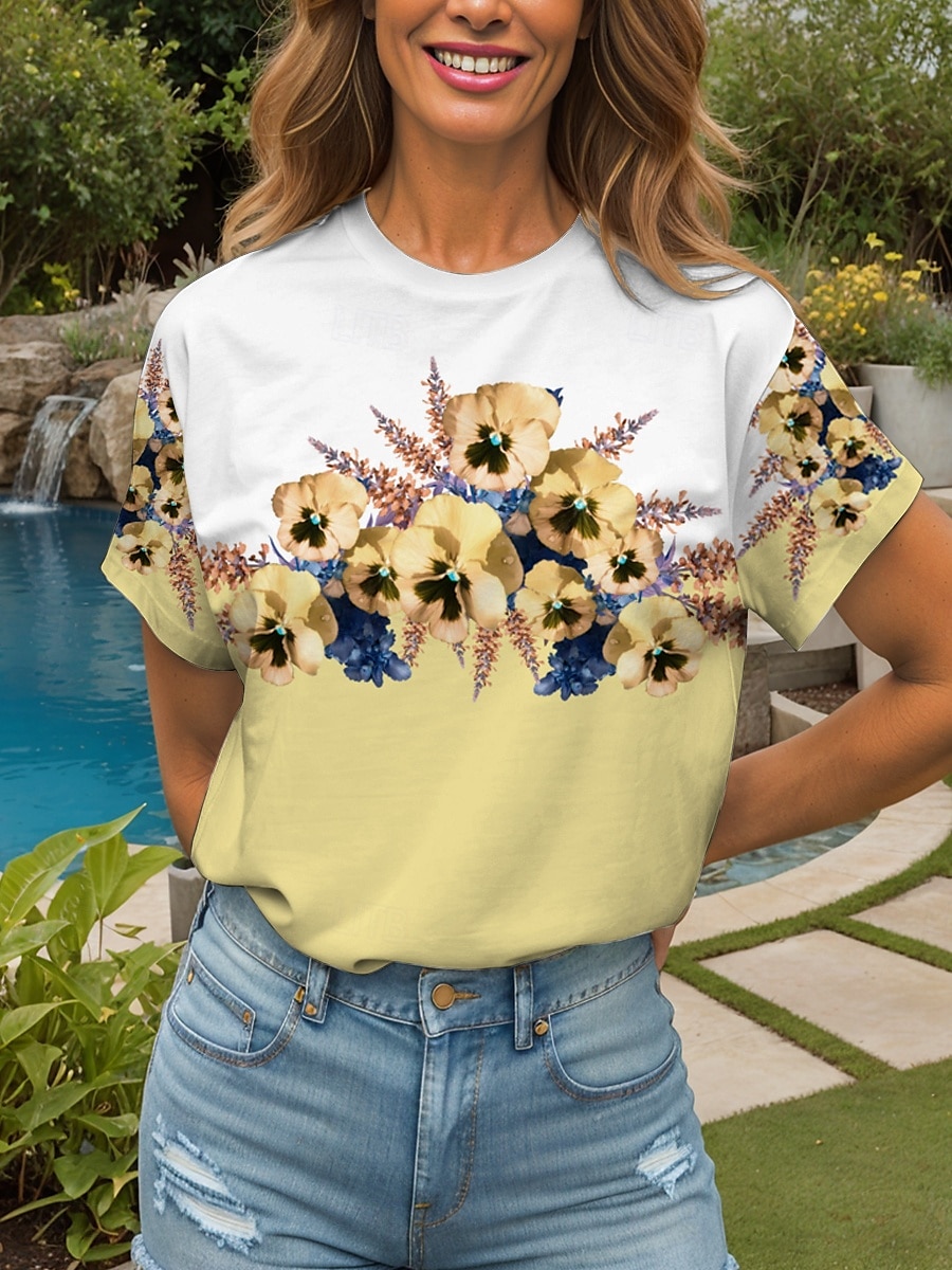 Femmes T-shirt Fleuri Graphique ancien Élégant Classique Manche Courte Col ras du cou Col rond Hauts Réguliers Quotidien Sortir Week-end Imprimé Noir et blanc Jaune Rose Claire Bleu Violet Ét de 2025 ? $19.99 –P8