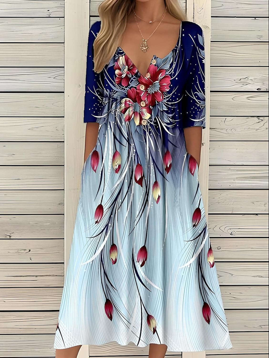 Damen Midikleid Freizeitkleid Sommerkleid A Linie Kleid Faltenkleid Urlaub Lässig Strand Ferien Lässiger Schnitt Blumen Grafik Halbarm Rundhalsausschnitt Rosa Blau Sommer 2025 - $36.99 –P1