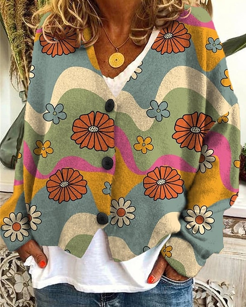 Dames Trui Vest Modieus Streetwear Dagelijks Bloemig Geribd Open voorzijde Gebreid Afdrukken Lange mouw Lange tops breien Feestdagen Uitgaan Weekend Geel blauw Herfst Winter 2026 - $31.99 –P2