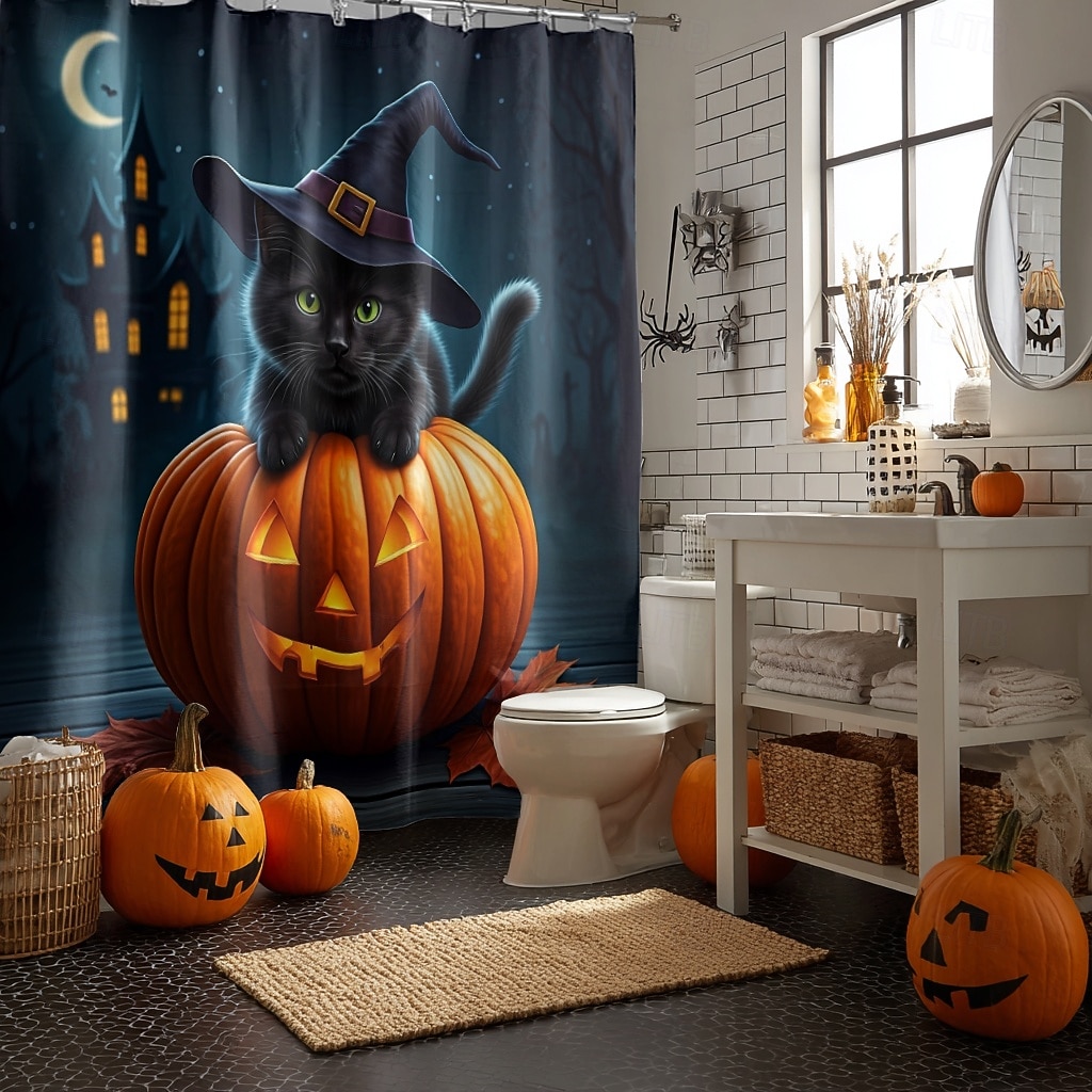 Halloweenský sprchový závěs s háčky, polyesterový, pratelný, voděodolný, vzorovaný, koupelnová vana, dekorace 2025 - $21.99 –P17