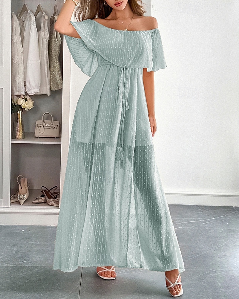 Femmes Robe Longue Maxi Robe Robe Décontractée Robe d'été Mode Moderne Quotidien Plage Week-end Coupe régulière Uni Manche Courte Épaules Dénudées Vert Été Printemps de 2025 ? $31.99 –P1
