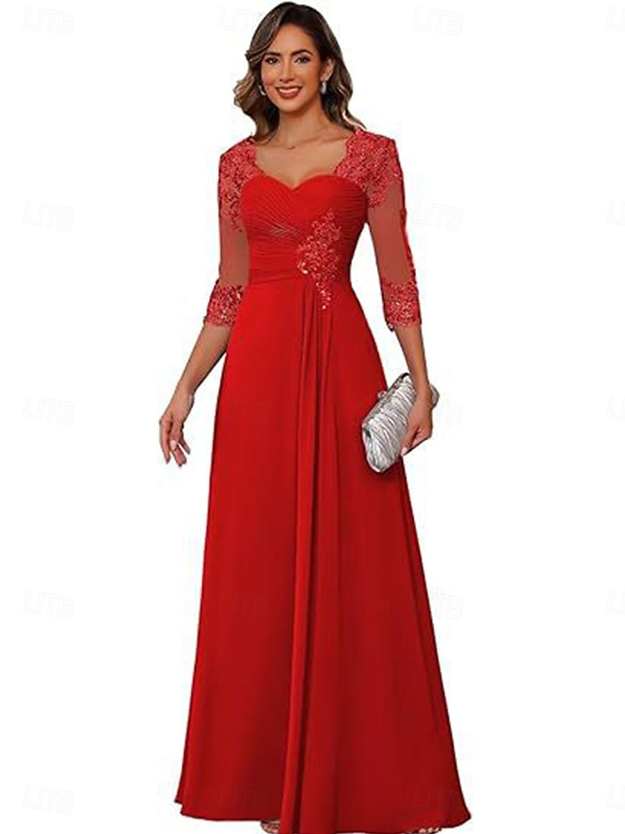 A-linje Kjole til brudens mor Elegant Enkel V-hals Gulvlengde Chiffon 3/4 ermer med Ensfarget 2025 2025 - $119.99 –P12