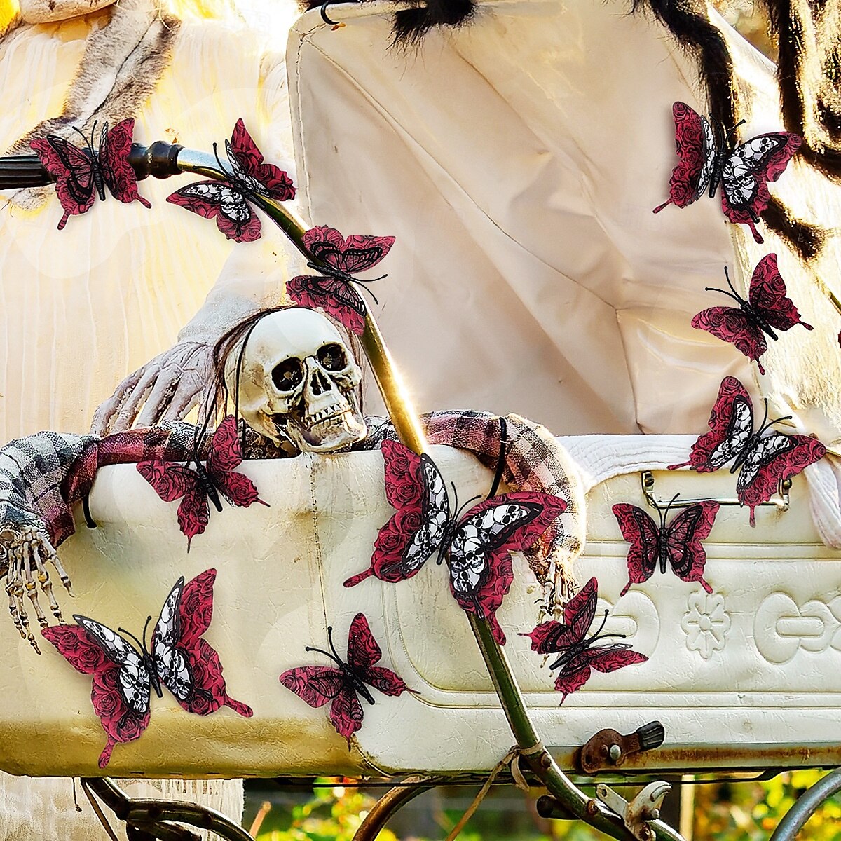 Dobbeltlags hodeskalle rose halloween 3d tredimensjonal sommerfugl hjemmedekorasjonsklistremerker 2025 - $6.49 –P12