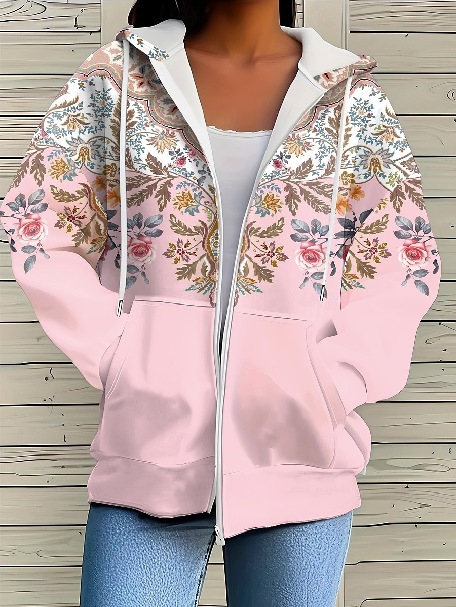 Giacca felpa con cappuccio da donna a maniche lunghe con zip e tasca leggera casual over size a righe geometriche attiva vintage sportiva con cordoncino nera rosa rossa blu arancione primavera autunno del 2026 a $36.99 –P3