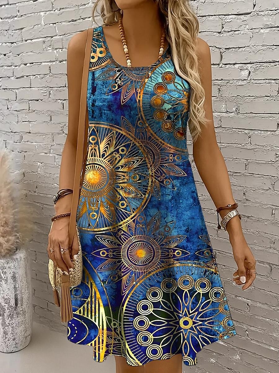 Damen Minikleid Sommerkleid A Linie Kleid Urlaub Lässig Boho Party Ferien Date Normale Passform Grafik Geometrisch Boho Paisley Damast Ärmellos U-Ausschnitt Rundausschnitt Rote Blau Purpur Grün 2025 - $21.99 –P1