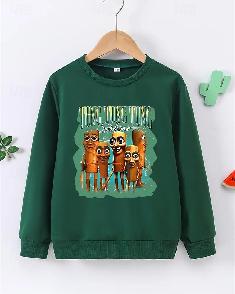 Jungen Langarmshirt mit italienischem Brain Rot Element Tung Tung Tung Sahur Print Frühling Herbst Mode Basic Kinder 4-12 Jahre Rundhalsausschnitt Outdoor Casual Täglich Regular Fit 2025 - $17.49 –P4