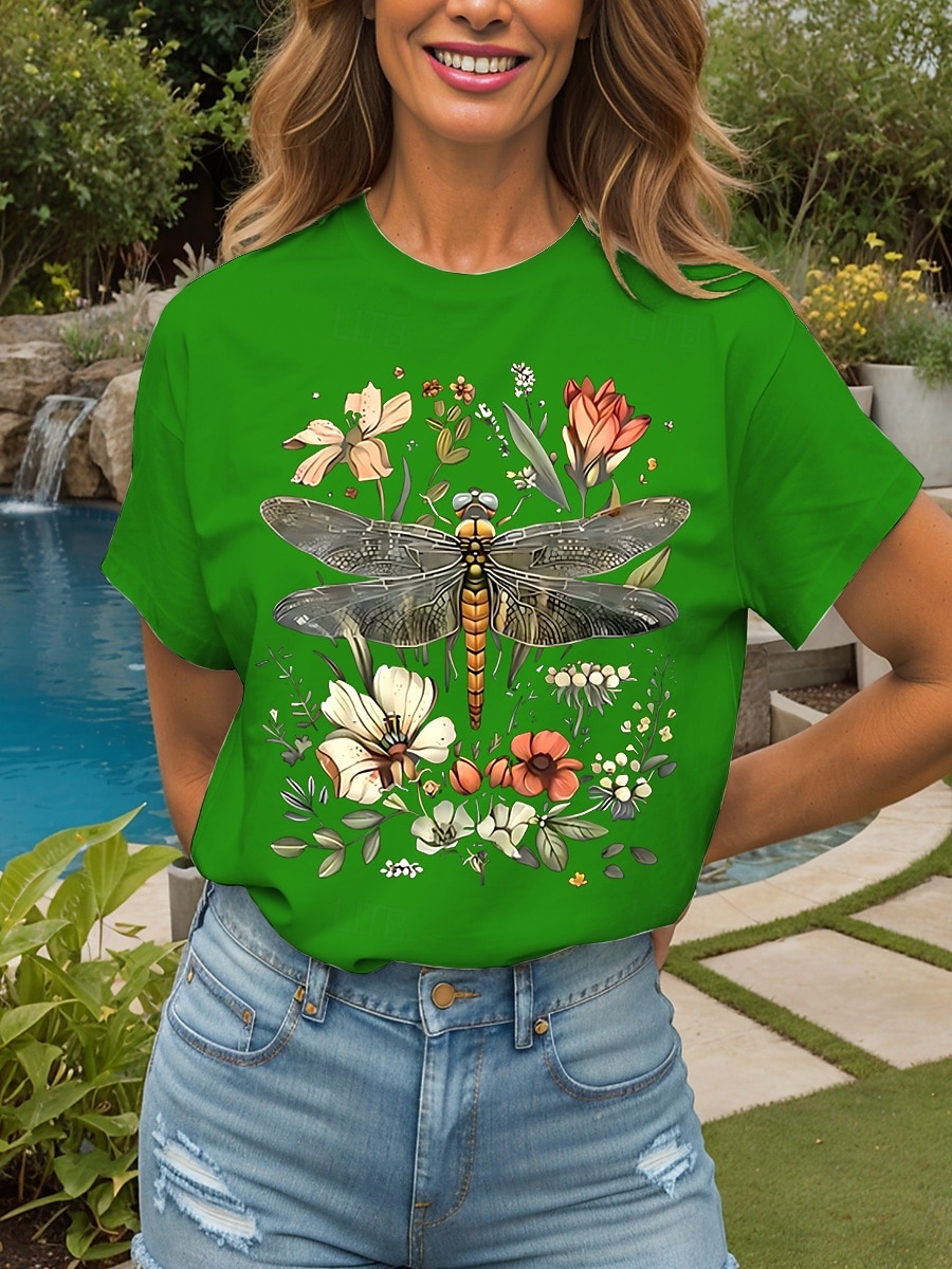 Femmes T-shirt Fleuri Graphique Libellule ancien Élégant Classique Manche Courte Col ras du cou Col rond Hauts Réguliers Quotidien Week-end Imprimé Noir Blanche Jaune Rose Claire Rouge Été Printemps de 2025 ? $19.99 –P10