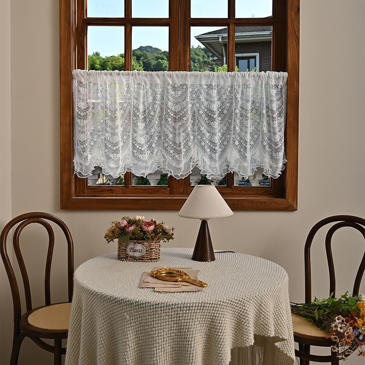 Lace Ruffled Kitchen Short Curtain Valance Vintage Floral Embroidered Short Sheer Cafe Curtain for Kitchen Window Rod Pocket Scalloped Bottom Beaded Sheer Valance1 Panel 2026 - $10.99 –P10