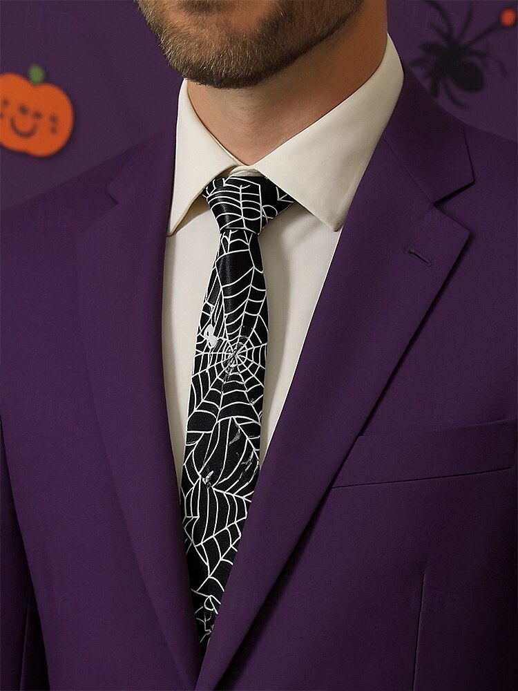 Cravatta da uomo con stampa ragnatela di Halloween – cravatta sottile in raso bianco e nero, elegante accessorio per feste, cosplay, eventi formali e abiti da ufficio per Halloween del 2025 a $9.99 –P1