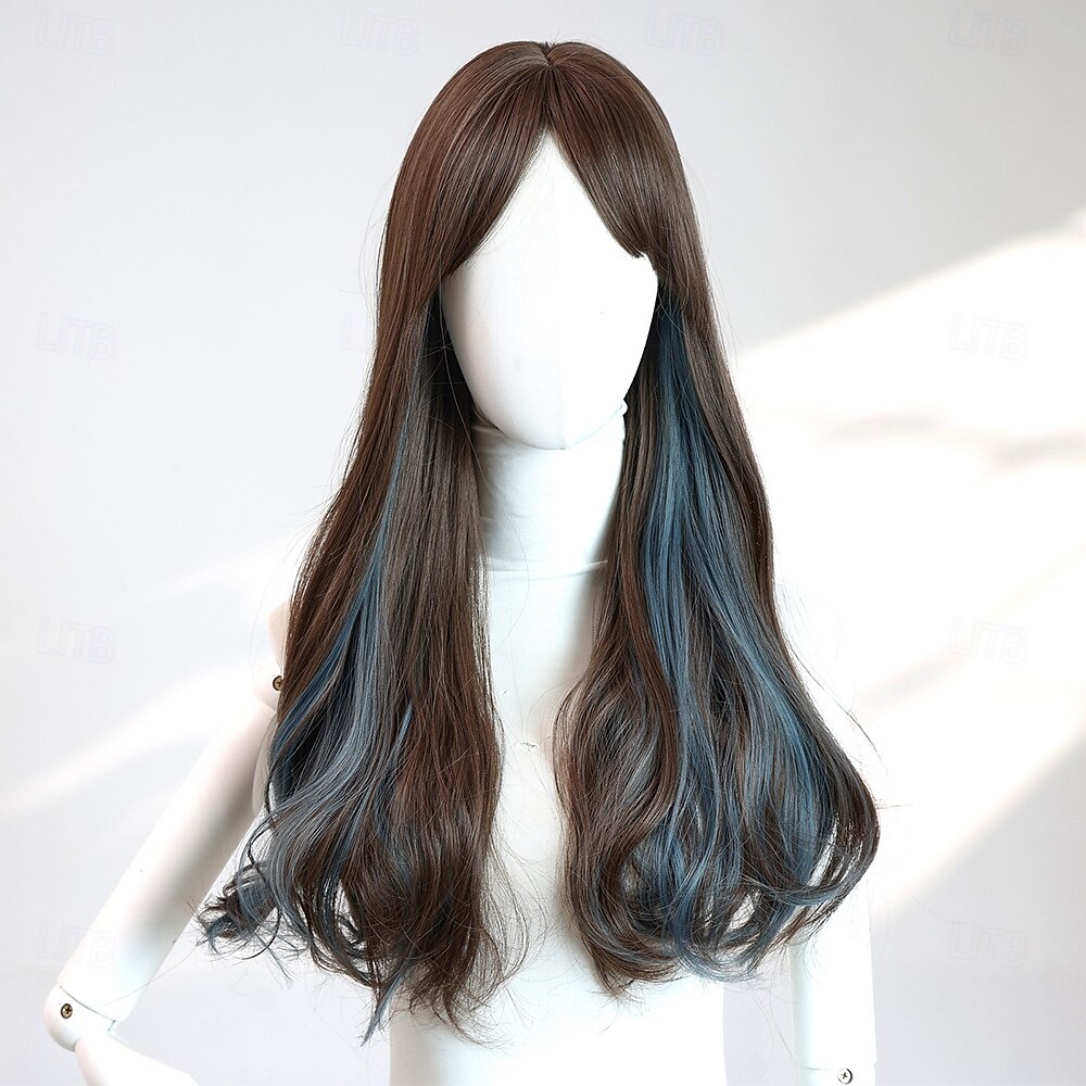 Peruca ondulada bicolor preta e azul de 22 polegadas para mulheres – franja completa, cabelo comprido, perfeita para looks de Halloween, cosplay e moda de 2026 por $32.99 –P2