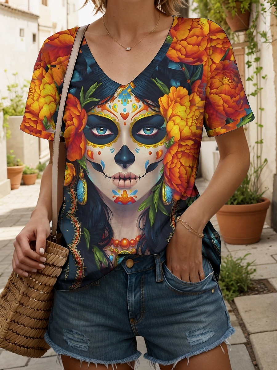 Halloween Femmes T-shirt Fleuri Graphique Crâne ancien Élégant Classique Manche Courte Col en V Hauts Réguliers Quotidien Imprimé Noir Orange Gris Été Printemps de 2025 ? $19.99 –P4