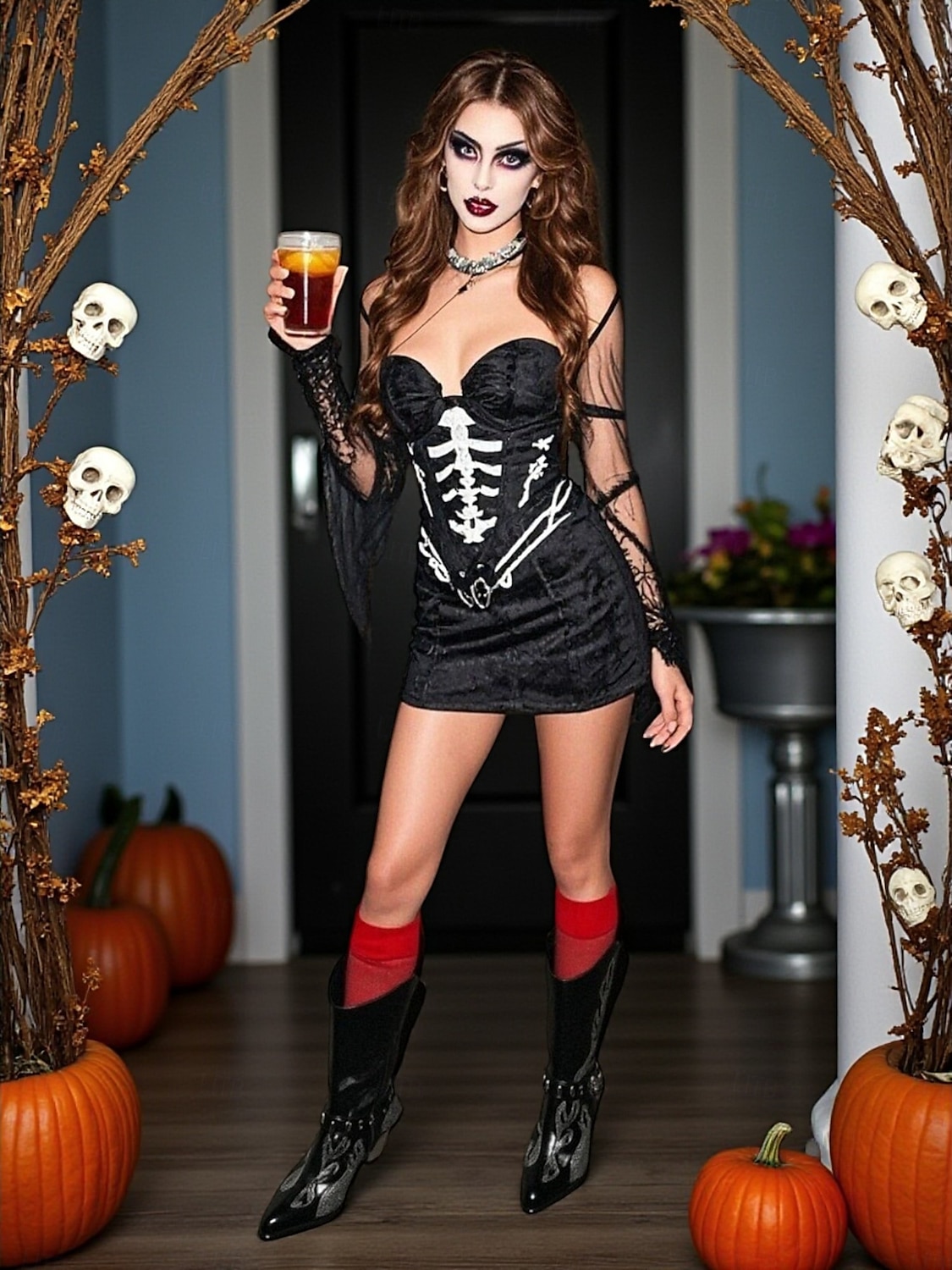 Dámské kovbojské boty v západním stylu s vyšívanými plameny - robustní podpatek, černohnědé gotické boty do půli lýtek na Halloween, hudební festivaly a rodeo. 2025 - $79.99 –P1