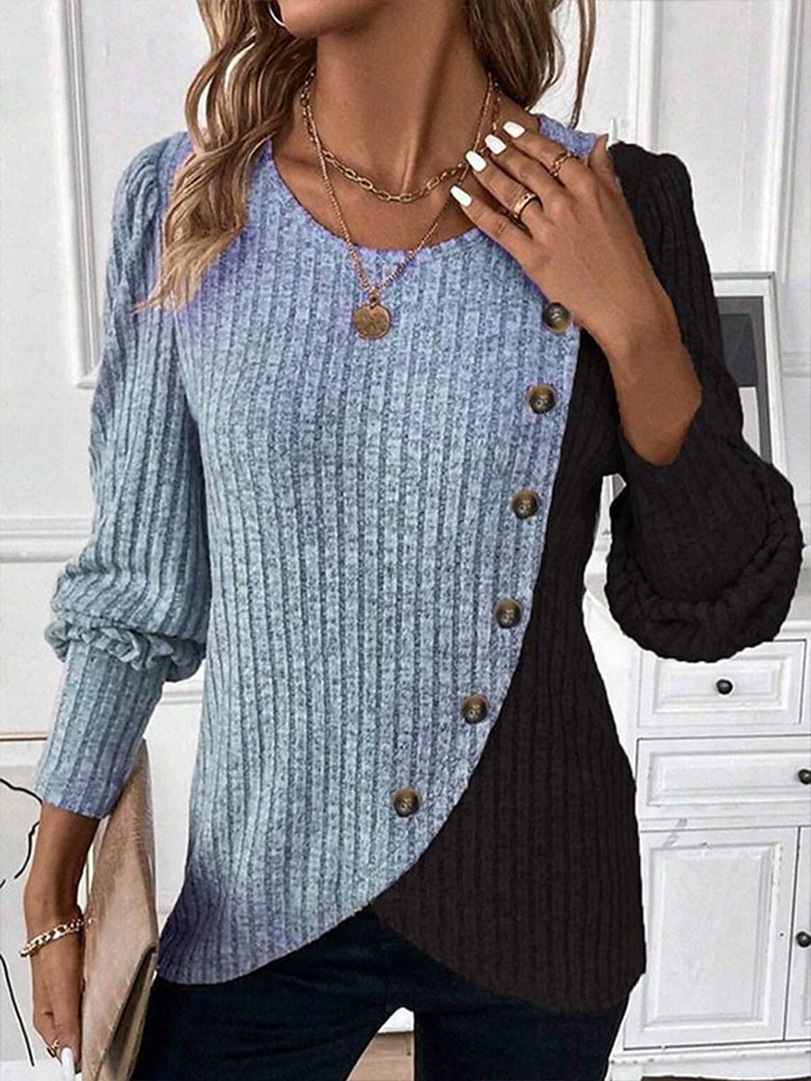 Damen Bluse Geometrisch Farbblock Tropisch Stilvoll Lässig Langarm Rundhalsausschnitt Normale Oberteile Täglich Patchwork Knöpfe Rosa Himmelblau Grau Frühling Herbst Winter 2025 - $26.99 –P4