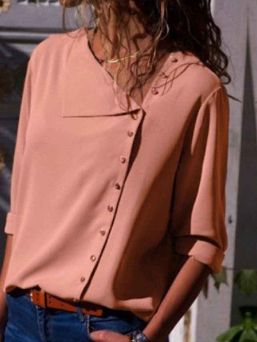 Dames Overhemd Effen Kleur Stijlvol Casual Lange mouw Overhemdkraag Normale tops Dagelijks Knop Zwart Wit Geel Blozend Roze Zomer Lente 2025 - $12.99 –P4