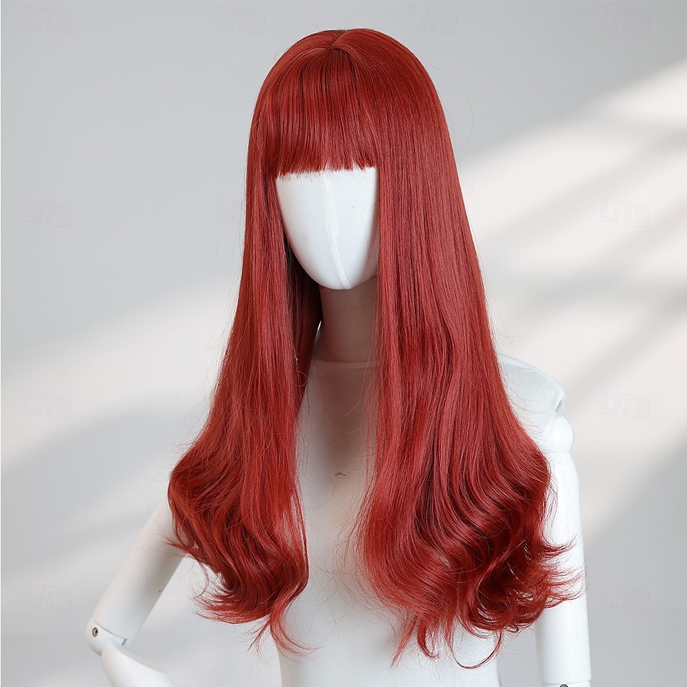 Peluca ondulada roja de 24 pulgadas para mujer: flequillo completo, cabello largo sintético resistente a altas temperaturas, perfecta para disfraces de Halloween. &looks de fiesta 2025 - $30.99 –P4