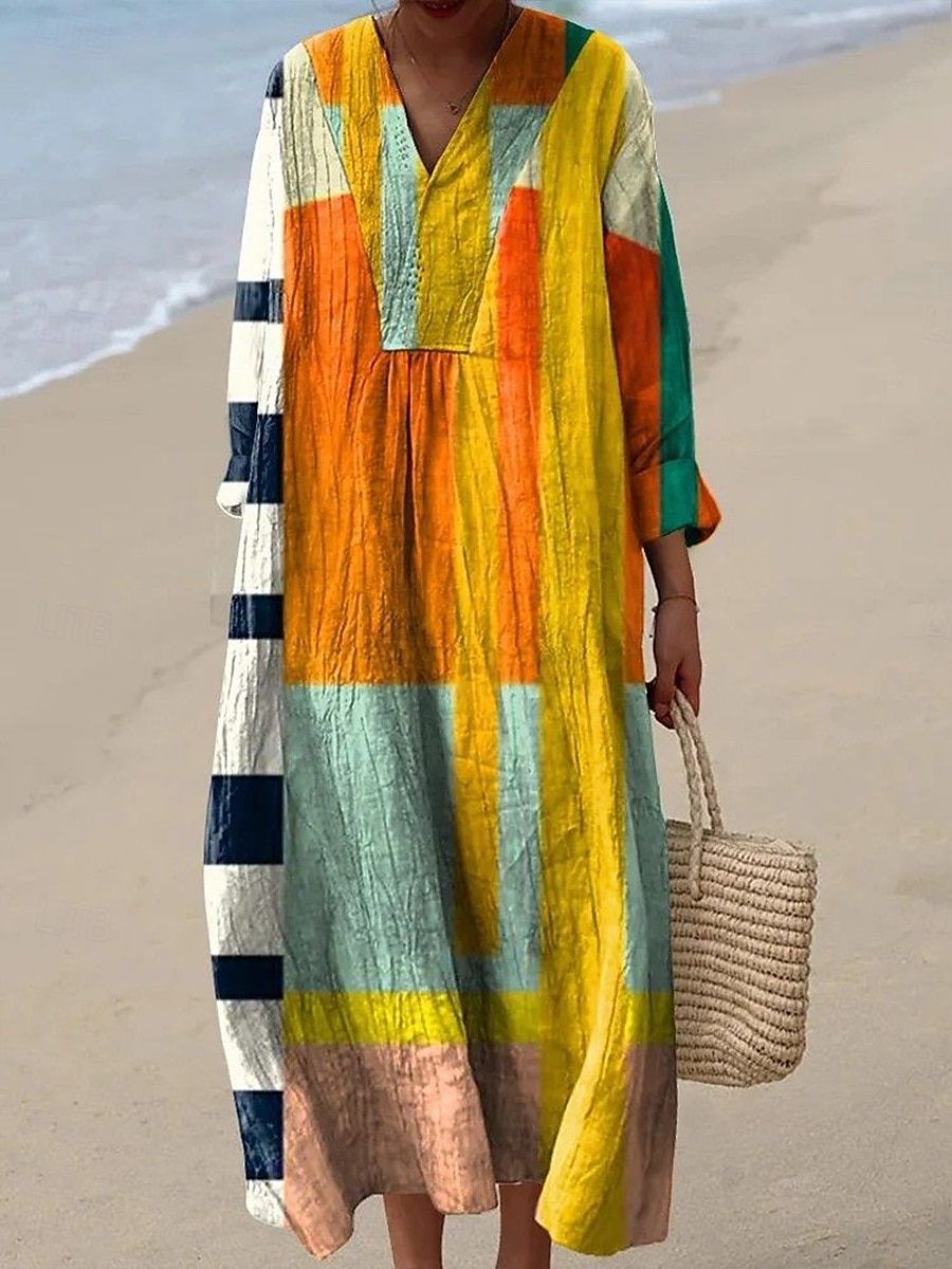 Per donna Abito Midi Vestito Estivo Abito a Tubino Vacanza Casual Spiaggia Uscire Spiaggia Vestibilità comoda Grafico Geometrico Manica Lunga Scollo a V Giallo scuro Giallo Rosa Blu Estate Primavera del 2025 a $35.99 –P3